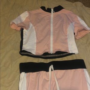 Zip up color block top knot legging set